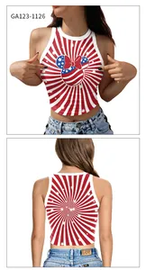 Close-up of Minnie Mouse print on a red white striped tie-dye halter neck crop top