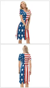 Detail van de Independence Day jurk met V-hals en asymmetrische ster- en streepjeszoom