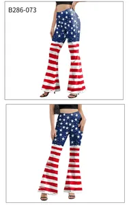 Close-up of Independence Day flared leggings with American flag stars and stripes print