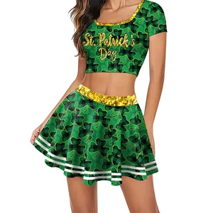 St. Patrick's Day green plaid crop top and pleated skirt set with gold sequins