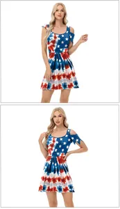 Close-up detail of cold-shoulder tie-dye summer dress with American flag star patterns