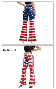 Detail of high-waist bell-bottom pants featuring American flag stars and stripes print