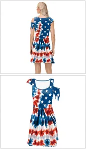 Detail of Independence Day tie-dye dress with American flag stars and cold shoulder design