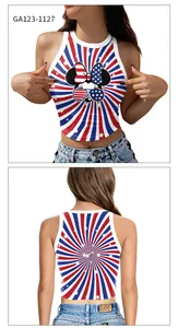 Detail view of Minnie Mouse graphic on American flag tie-dye sleeveless crop tank top