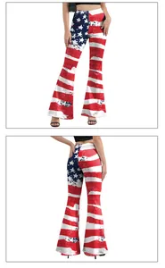 Detail of high waisted flare leggings featuring vintage American flag stripe and star print