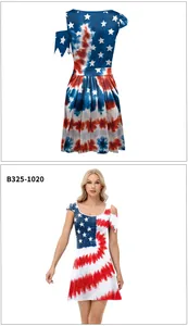 Cold shoulder summer dress featuring American flag tie-dye star pattern and cutout shoulder