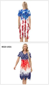 Detail van de Independence Day jurk met Amerikaanse vlagpatronen en asymmetrische zoom