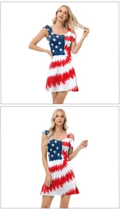 Detail of sleeveless summer dress featuring US flag star and tie-dye stripe patterns