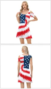 Detail of cold shoulder dress featuring American flag tie-dye print and bow tie sleeves