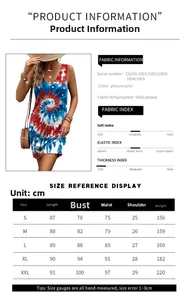 Tableau des tailles détaillé pour robe tie-dye avec informations sur le tissu