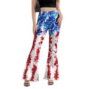 Women's Independence Day bell bottoms featuring American flag stars and striped tie-dye print