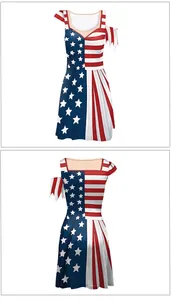 Detail view of American flag tie-dye print dress with cold shoulder cutouts