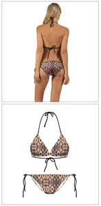 Détail d'un bikini à motif géométrique avec liens licou et cordons latéraux réglables