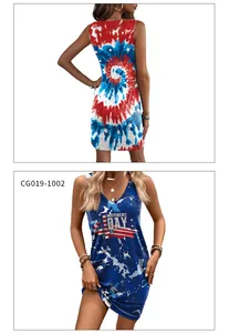 Détail de la robe Independence Day avec tie-dye rouge blanc bleu et imprimés patriotes