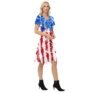 Dames Independence Day jurk met sterstreep tie-dye en een asymmetrische gekartelde zoom