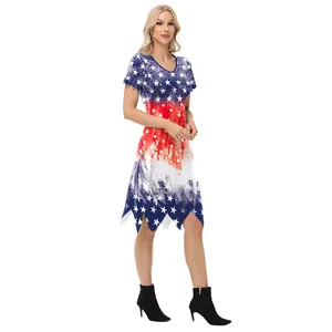 Jurk met Amerikaanse vlag print, V-hals, onregelmatige zoom en sterrenpatroon