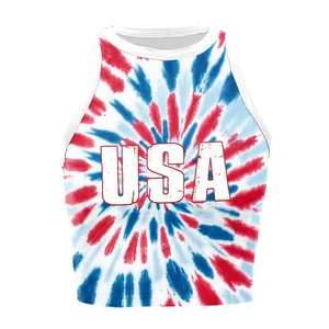Women's USA tie-dye crop top vest in red, white and blue American flag style design