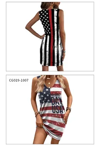 Détails avant et arrière de la robe moulante drapeau USA à col en V avec étoiles et rayures