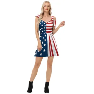 Women Independence Day Dress American Flag Stars And Stripes Print Tie Dye Cold Shoulder 3D Digital Printed Mini Dress Patriotic Party Wear