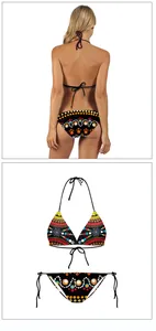 Détail du bas de bikini à nouer avec imprimé ethnique coloré et détails du haut licou