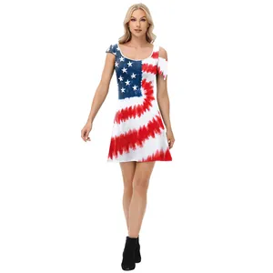 Women's American flag tie-dye A-line sleeveless dress with shoulder cutout detail