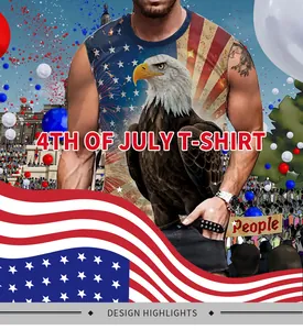 Close-up of patriotic bald eagle and US flag digital print on men's summer tank top