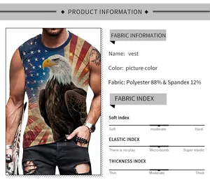 Detail of American flag eagle print on breathable men's slim fit sports tank top