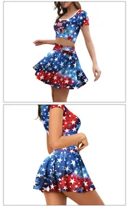 Vista frontal y lateral del conjunto de porrista con bandera USA y falda plisada