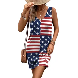 Robe sans manches à col en V pour femme avec imprimé drapeau américain style décontracté