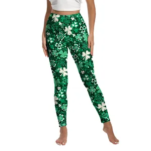 Green St. Patrick's Day yoga leggings with shamrock digital print for women