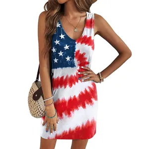 Robe sans manches pour femmes avec imprimé tie-dye drapeau américain pour l'Independence Day