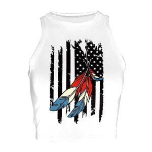 Damen Unabhängigkeitstag Amerikanische Flagge Druck Crop Tank Top Ärmellos Rundhals Schmetterling Herz Feder Sommer Slim Fit Weste