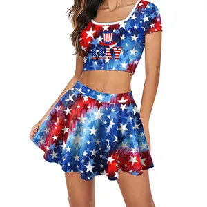 Conjunto de 2 piezas para mujer con falda plisada de barras y estrellas y top corto