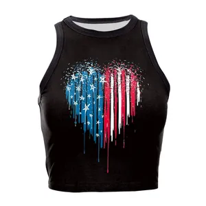 Damen kurzes ärmelloses Top in Schwarz mit patriotischem USA-Herz und Digitaldruck