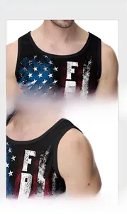Detail of round neck and sleeveless cut on black breathable mesh American flag tank top