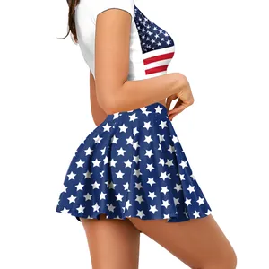 Conjunto de top corto con bandera americana y falda plisada con estrellas para mujer