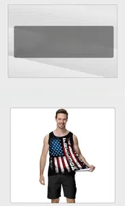 Close-up of 95% polyester fabric texture and American flag freedom print on a men's vest