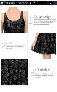 Detalle de vestido de Halloween con estampado de telaraña, cuello redondo y línea A