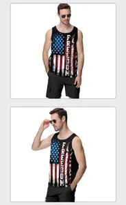 Detail of oversized black tank top featuring freedom text and distressed flag print