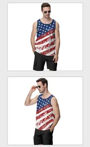 Detail view of men's vintage American flag print vest and black utility shorts outfit