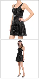 Detalle del vestido de Halloween con estampado de telaraña y cinturón de hebilla plateada