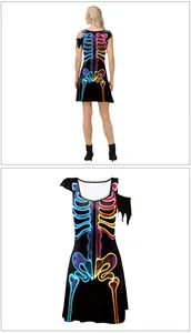 Detail of neon skeleton print and ragged hem on a black sleeveless Halloween mini dress