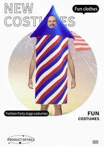 Detail of adult party costume featuring firework rocket shape in patriotic stripes