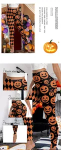 Détail du legging de yoga taille haute avec motifs de citrouille et losanges d'Halloween