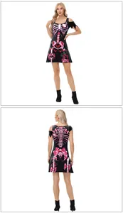Front and back detail of Halloween skeleton mini dress with pink rose and bow prints