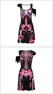 Detail of Halloween skeleton dress with pink bone print and rose floral patterns