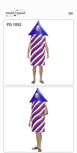 Detail of rocket shaped costume featuring red white and blue digital stripe patterns