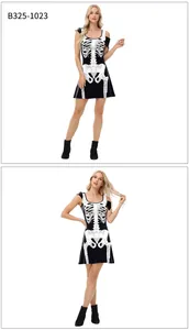 Detailed view of Halloween skeleton digital print on sleeveless black A-line mini dress