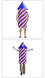 Front and back views of red white and blue striped rocket costumes for adults and kids