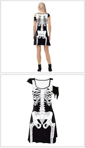 Detailed views of Halloween skeleton dress with black bat wing shoulders and bone print